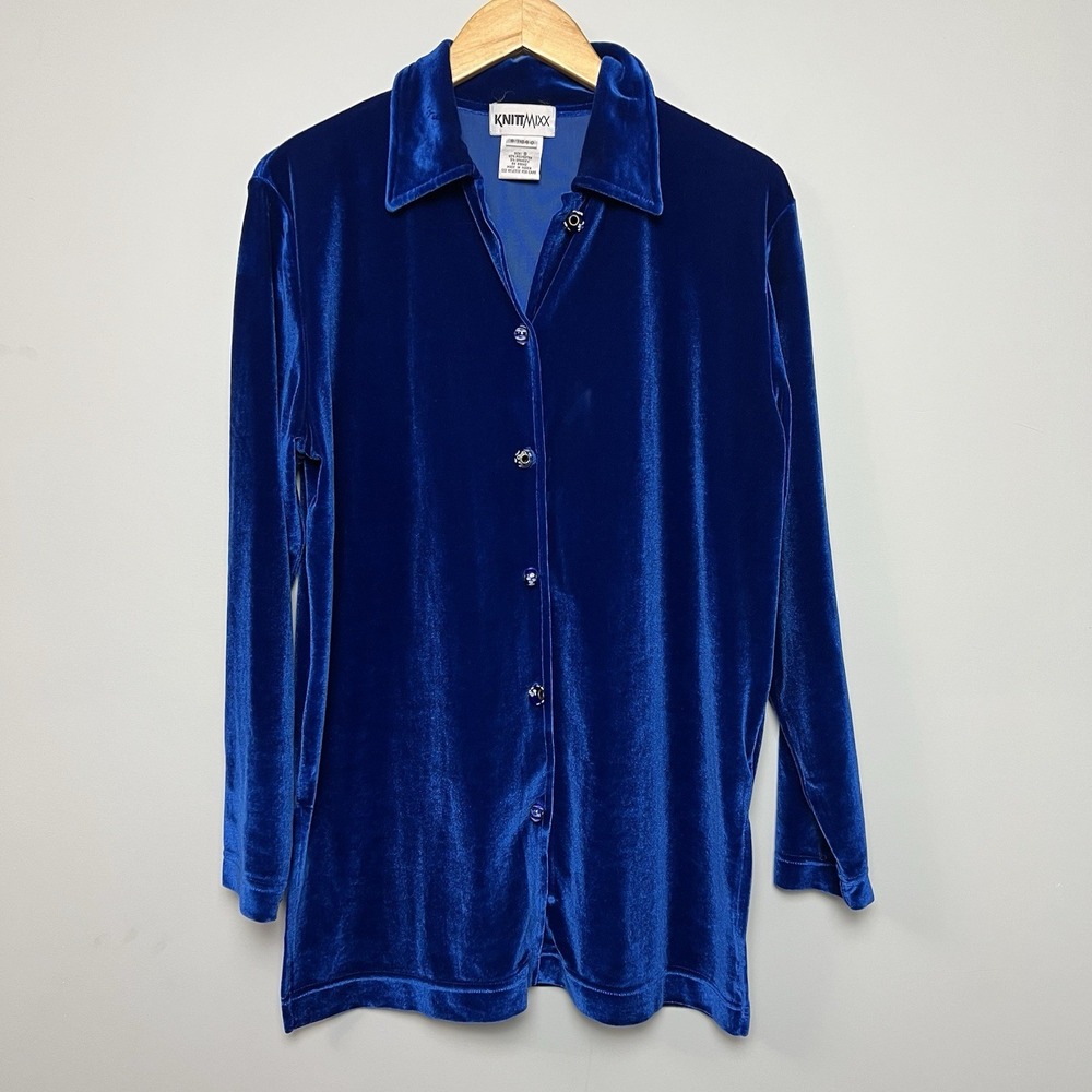 Knitt Mixx Blue Velvet Button Up Blouse S Tunic Glass Buttons Retro Indie Artsy